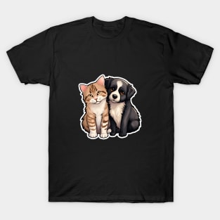 Cute Ginger Tabby Cat and Black and White Puppy Buddies T-Shirt